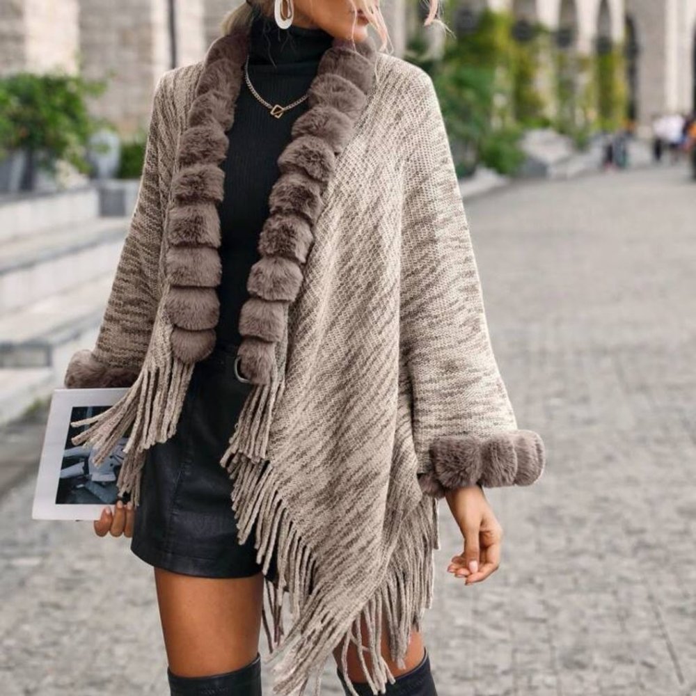 soft brown faux fur lined cardigan throw